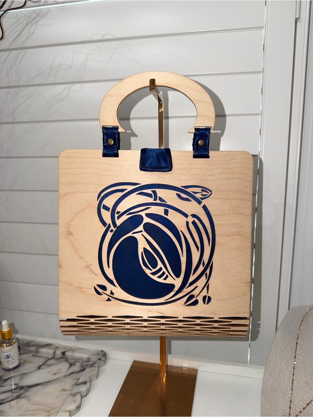 Wooden Tote Bag with Navy Inlay